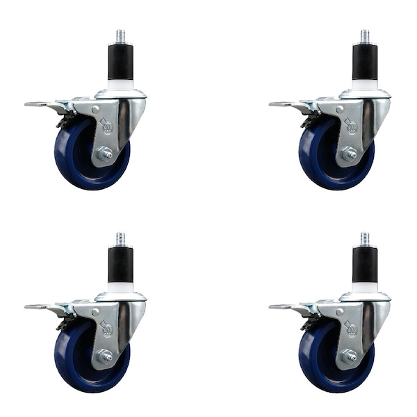 3.5'' Solid Poly Swivel 1-1/2'' Expanding Stem Caster Set Total Lock Brake, 4PK